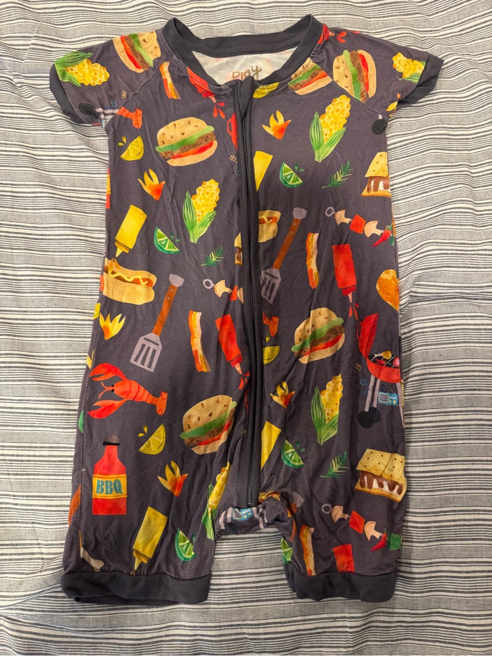 Little Sleepies play zipper short Sleeve One-Piece Romper in Charcoal with BBQ